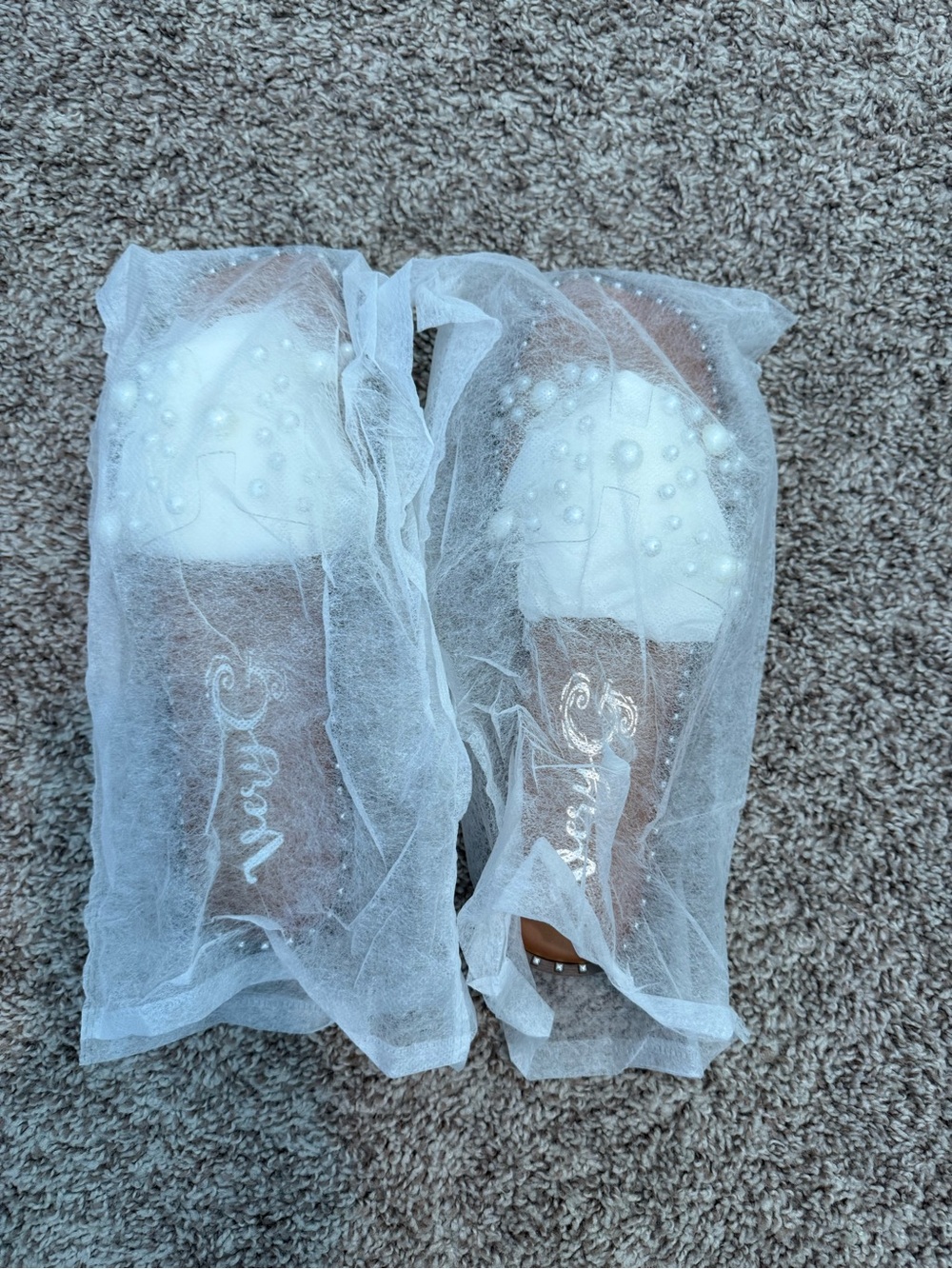 Very G Tan Slide Sandals with Clear Pearl Studded Straps - Picture 4 of 4